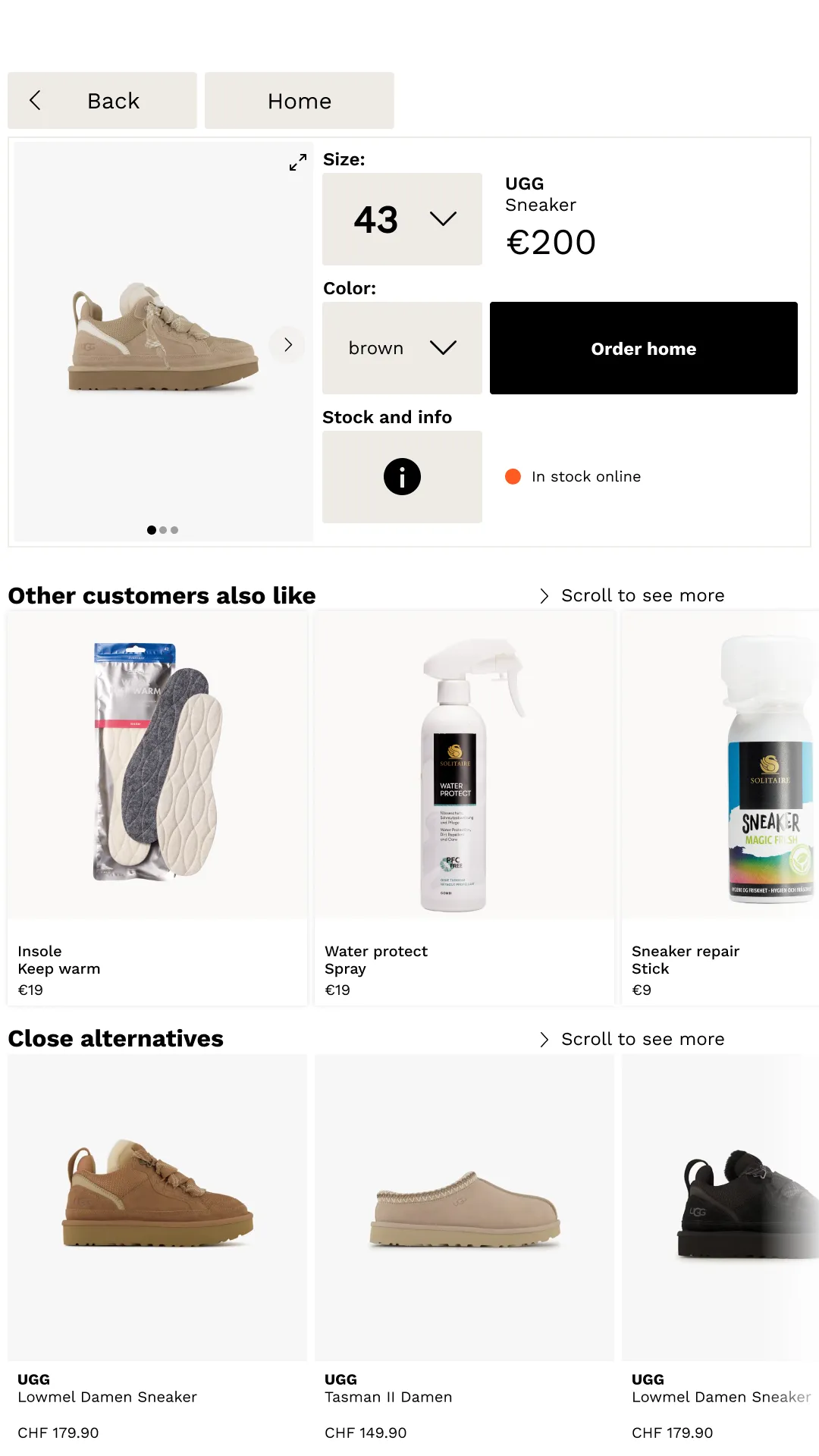 Woopz product page for a sneaker in size 43: in stock online, with an Order home button, recommended accessories and close alternatives