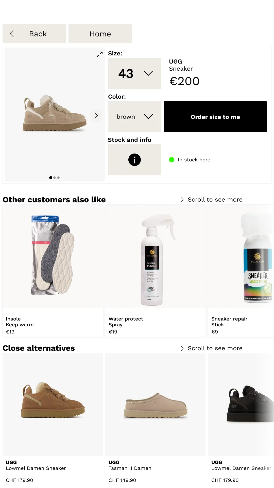 Woopz product page for a sneaker in size 43: in stock in this store, with an Order size to me button that sends the request to staff
