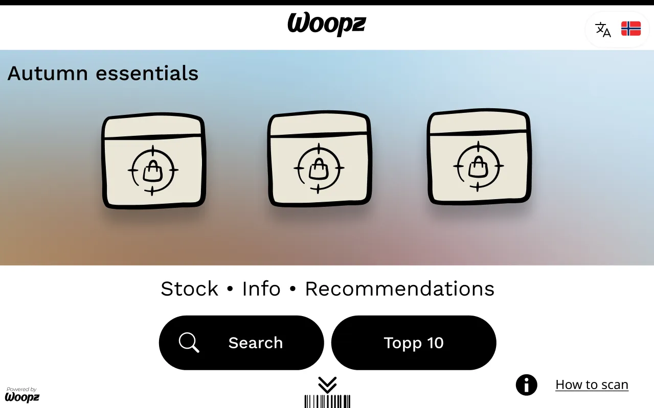 The same Woopz screen showing an Autumn essentials campaign above the scan prompt